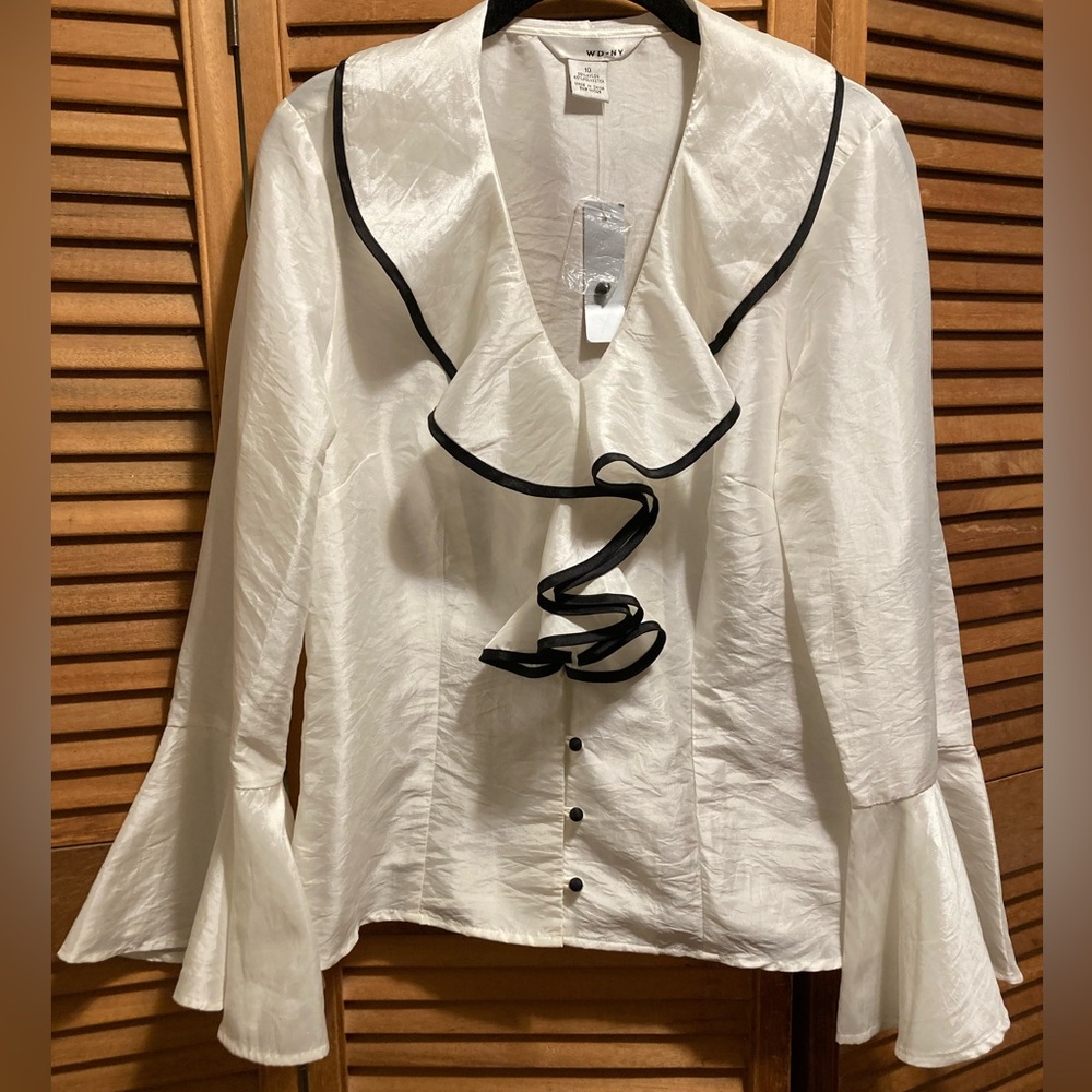 WD-NY White Blouse with Black Piping & Bell Sleeves